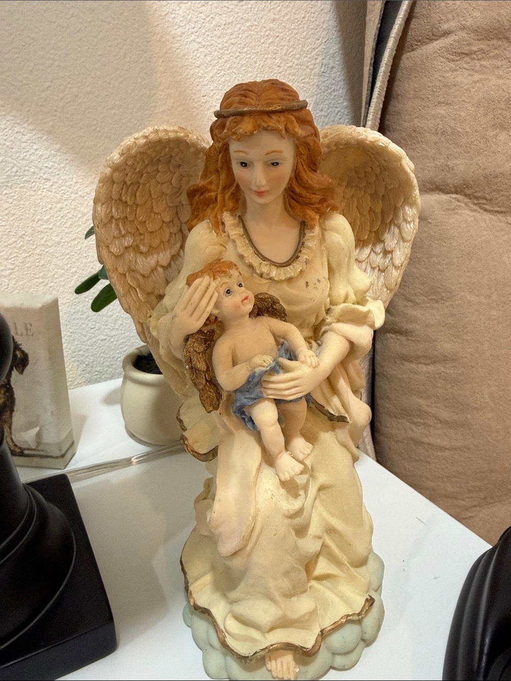 Angel Figurine Sculpture in Cream and Gold - Decorative Home Art 10x7 inches